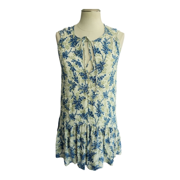 Zara Trafaluc Blue Floral Romper Size M Sleeveless Drop Waist Tie Neck Boho - Picture 1 of 7